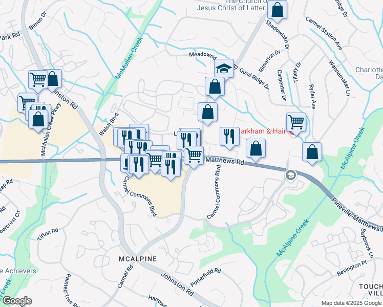 map of restaurants, bars, coffee shops, grocery stores, and more near 7510 Pineville-Matthews Road in Charlotte