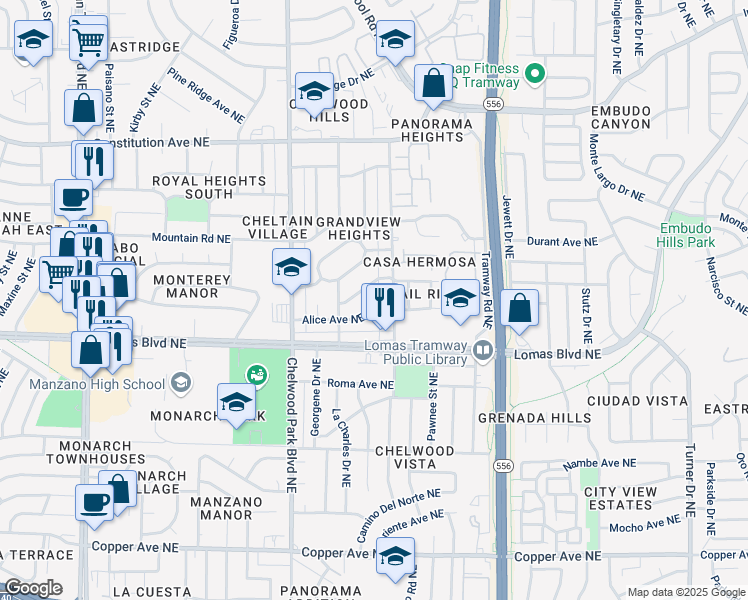 map of restaurants, bars, coffee shops, grocery stores, and more near 13013 Alice Avenue Northeast in Albuquerque