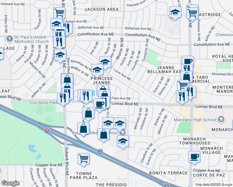 map of restaurants, bars, coffee shops, grocery stores, and more near 904 Faye Place Northeast in Albuquerque