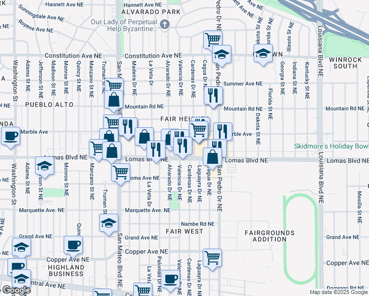 map of restaurants, bars, coffee shops, grocery stores, and more near 5600 Alice Avenue Northeast in Albuquerque