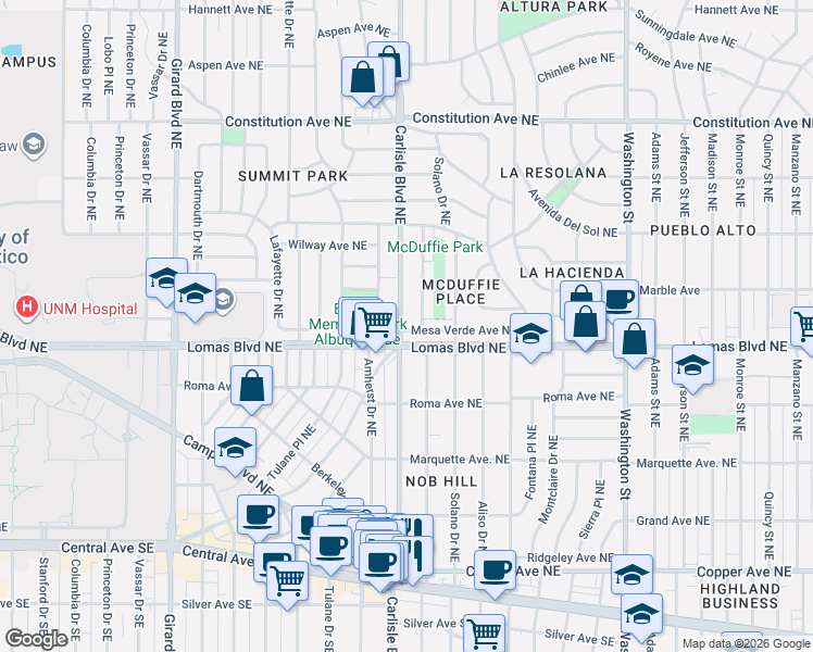 map of restaurants, bars, coffee shops, grocery stores, and more near 3615 Mesa Verde Avenue Northeast in Albuquerque