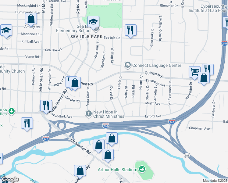 map of restaurants, bars, coffee shops, grocery stores, and more near 1600 Dorset Drive in Memphis
