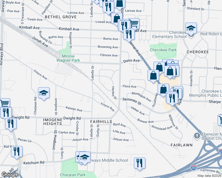 map of restaurants, bars, coffee shops, grocery stores, and more near 2751 Henley Drive in Memphis