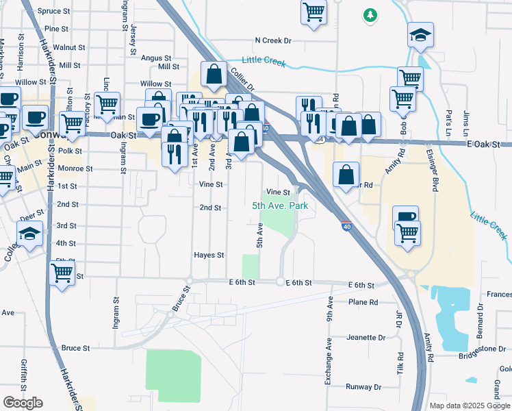 map of restaurants, bars, coffee shops, grocery stores, and more near 603 5th Avenue in Conway