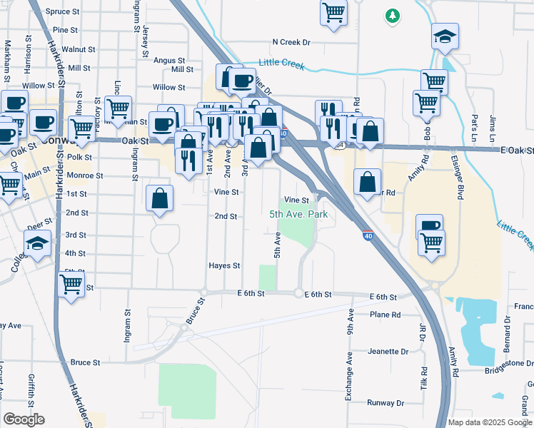 map of restaurants, bars, coffee shops, grocery stores, and more near 603 5th Avenue in Conway
