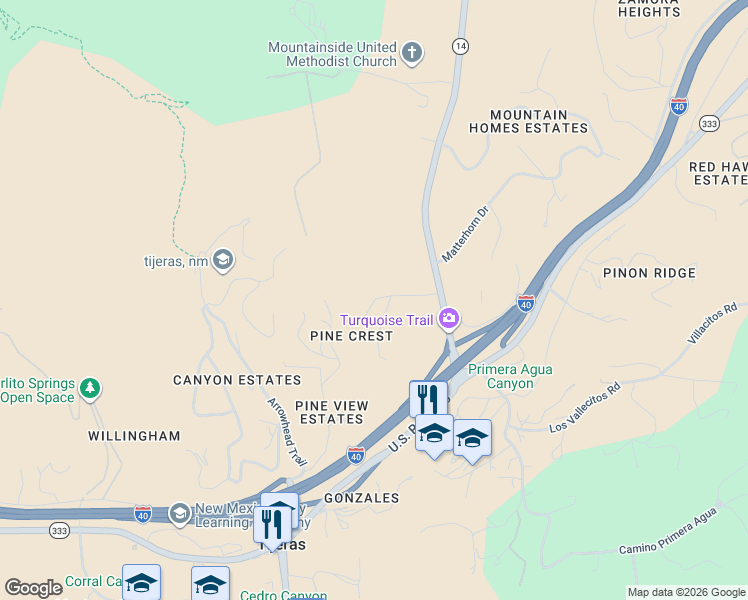 map of restaurants, bars, coffee shops, grocery stores, and more near 11 Torres Trail in Cedar Crest