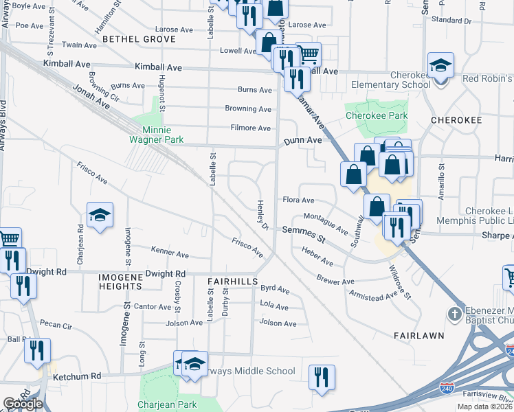 map of restaurants, bars, coffee shops, grocery stores, and more near 2751 Henley Drive in Memphis