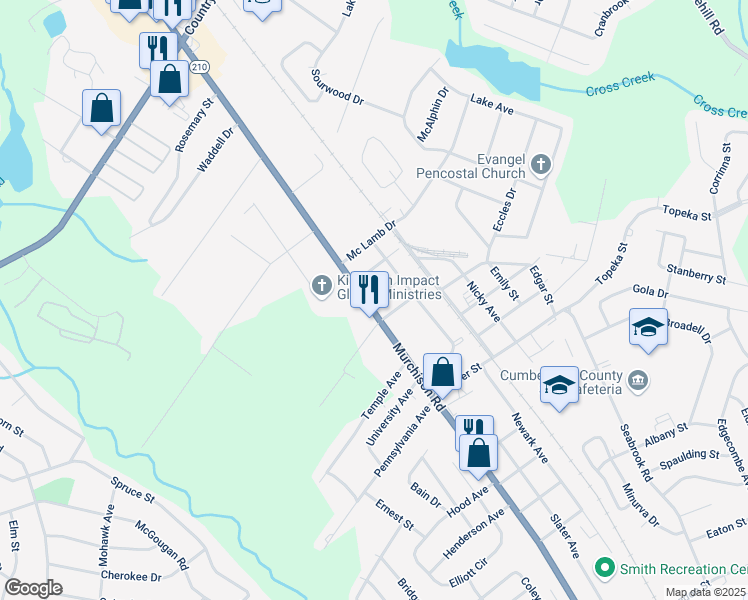 map of restaurants, bars, coffee shops, grocery stores, and more near 2410 Murchison Road in Fayetteville