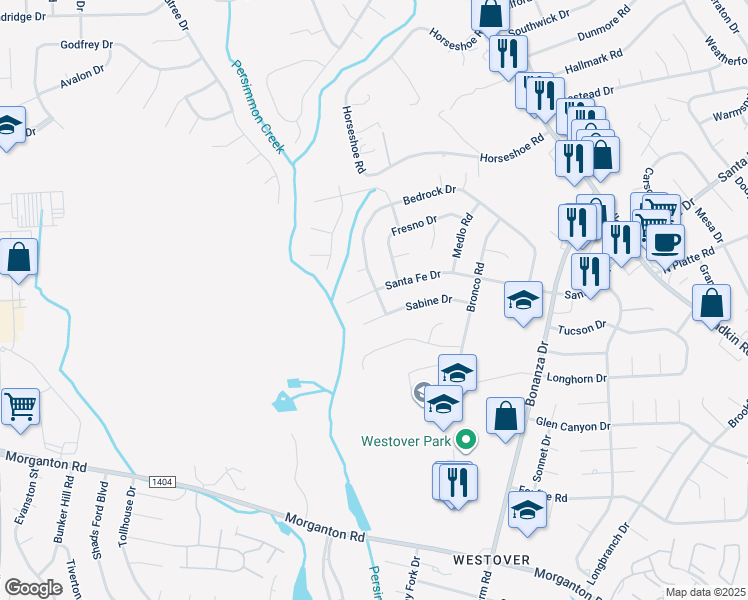map of restaurants, bars, coffee shops, grocery stores, and more near 902 Bedrock Drive in Fayetteville