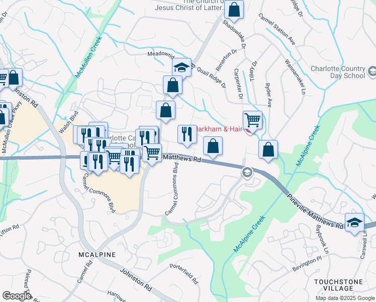 map of restaurants, bars, coffee shops, grocery stores, and more near 7301 Carmel Executive Park Drive in Charlotte