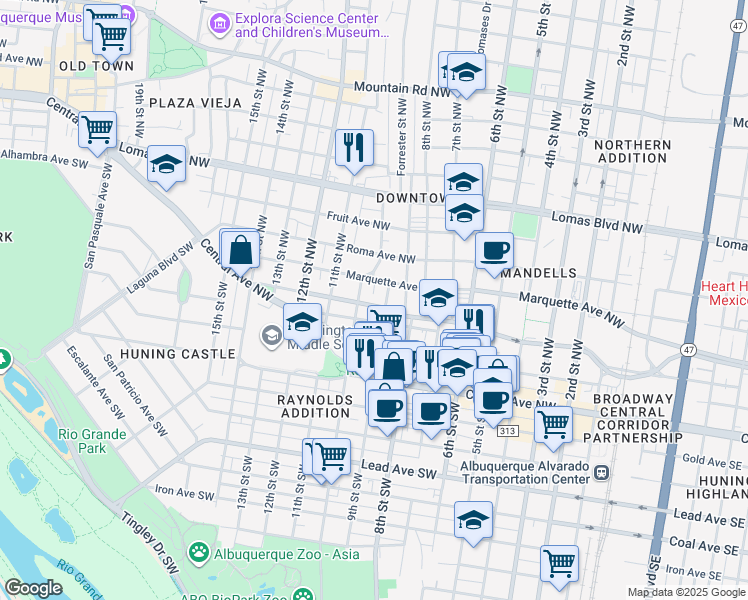 map of restaurants, bars, coffee shops, grocery stores, and more near 909 Tijeras Avenue Northwest in Albuquerque