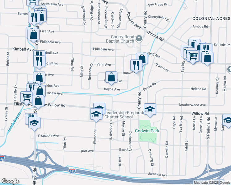 map of restaurants, bars, coffee shops, grocery stores, and more near 4251 Boyce Avenue in Memphis