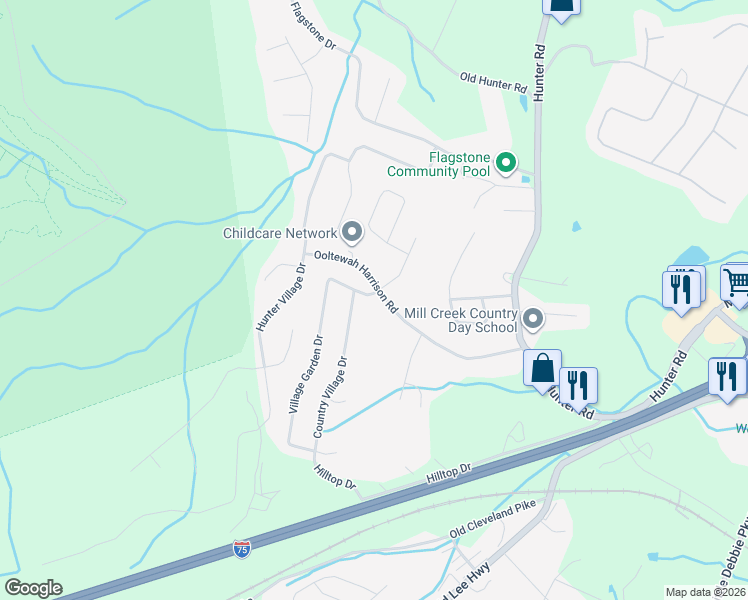 map of restaurants, bars, coffee shops, grocery stores, and more near 8418 Rosetree Drive in Ooltewah