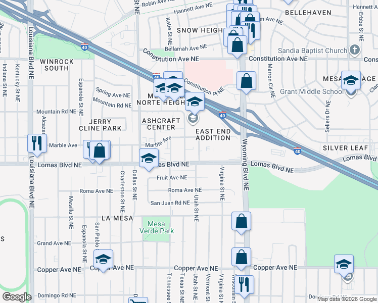 map of restaurants, bars, coffee shops, grocery stores, and more near 1020 Texas Street Northeast in Albuquerque