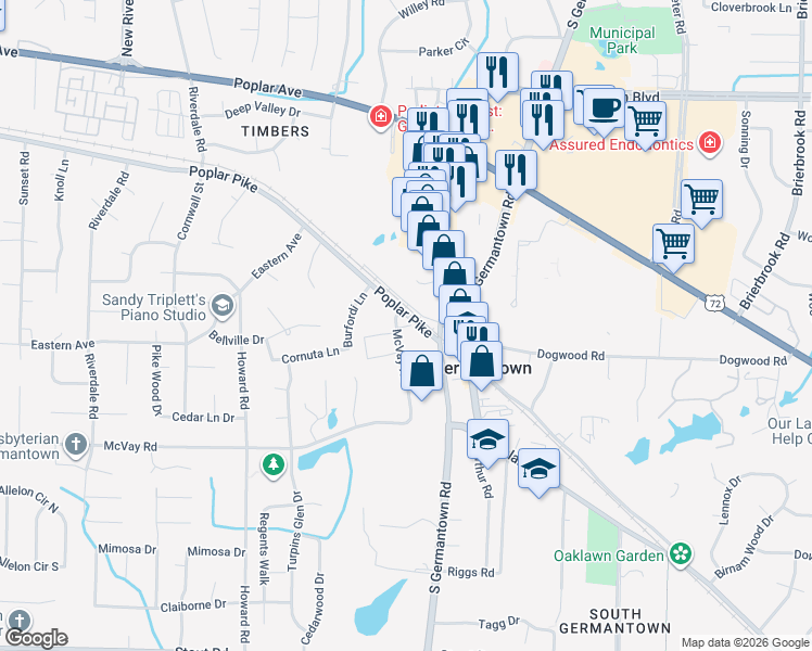 map of restaurants, bars, coffee shops, grocery stores, and more near 7497 Poplar Pike in Germantown