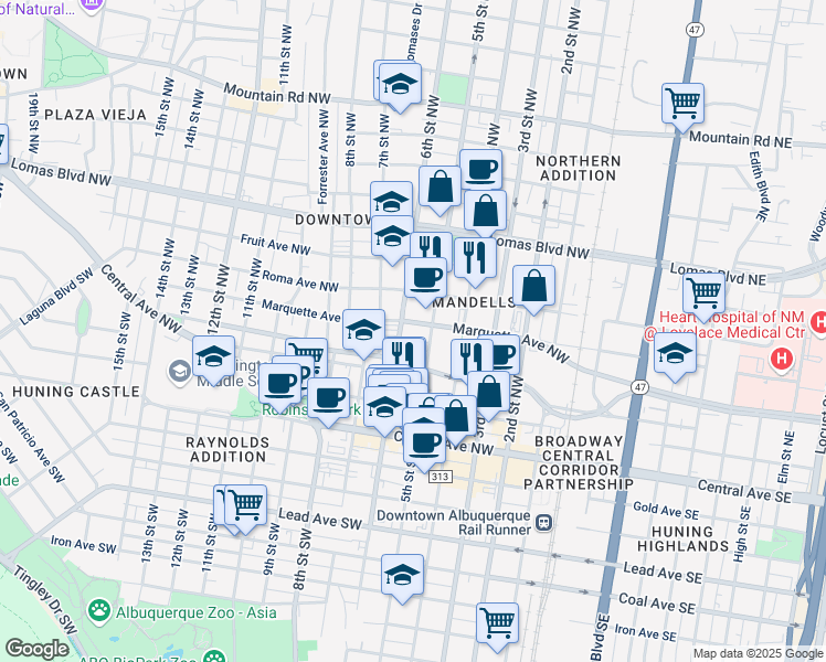 map of restaurants, bars, coffee shops, grocery stores, and more near 514 Marquette Avenue Northwest in Albuquerque