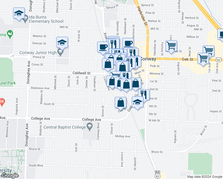 map of restaurants, bars, coffee shops, grocery stores, and more near 714 Locust Street in Conway