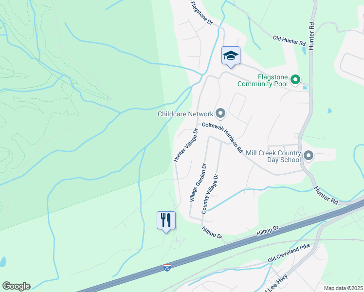 map of restaurants, bars, coffee shops, grocery stores, and more near 5325 Hunter Village Drive in Ooltewah