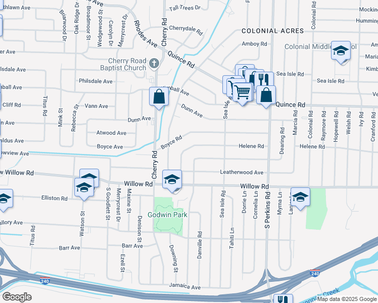 map of restaurants, bars, coffee shops, grocery stores, and more near 4437 Helene Road in Memphis