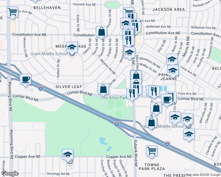 map of restaurants, bars, coffee shops, grocery stores, and more near 1004 Wade Circle Northeast in Albuquerque