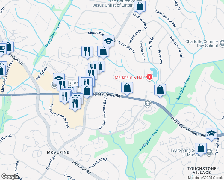 map of restaurants, bars, coffee shops, grocery stores, and more near 7301 Carmel Executive Park Dr in Charlotte