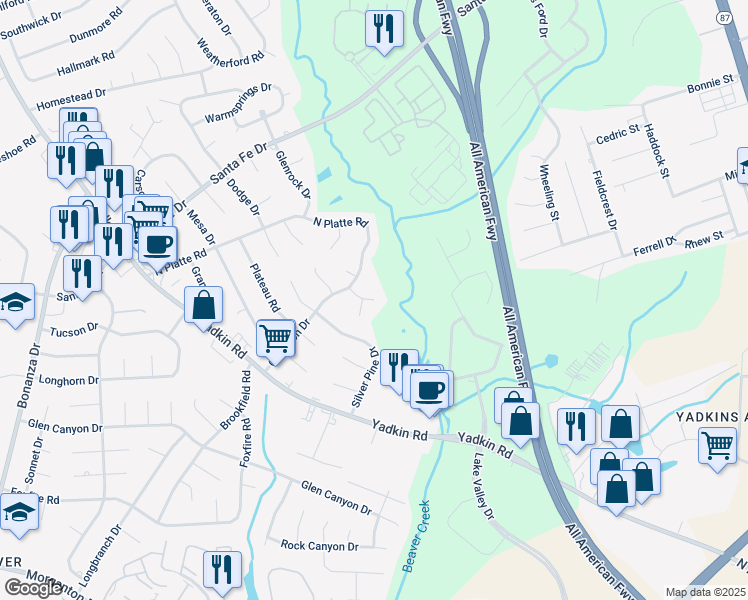 map of restaurants, bars, coffee shops, grocery stores, and more near 5498 Rimrock Court in Fayetteville