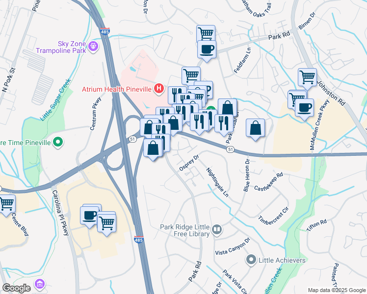 map of restaurants, bars, coffee shops, grocery stores, and more near 8847 Hunter Ridge Drive in Charlotte