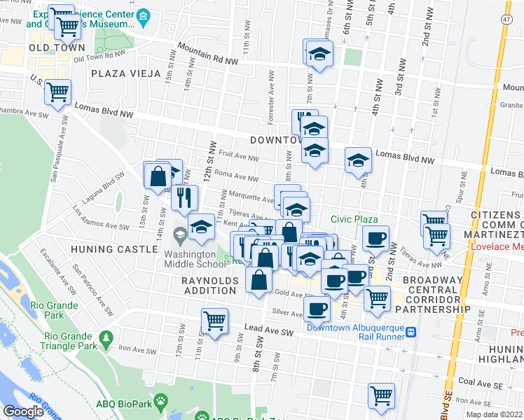 map of restaurants, bars, coffee shops, grocery stores, and more near 310 9th Street Northwest in Albuquerque
