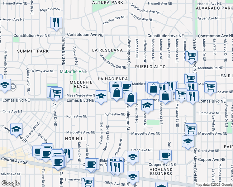 map of restaurants, bars, coffee shops, grocery stores, and more near 4209 Lomas Boulevard Northeast in Albuquerque