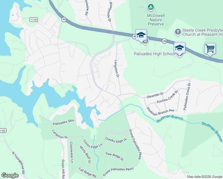 map of restaurants, bars, coffee shops, grocery stores, and more near 17040 Challory Glen Way in Charlotte