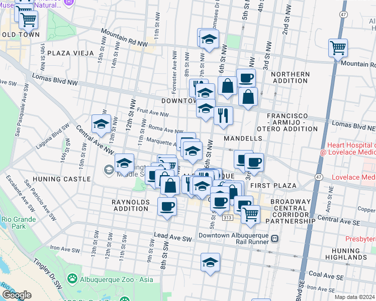 map of restaurants, bars, coffee shops, grocery stores, and more near 414 8th Street Northwest in Albuquerque