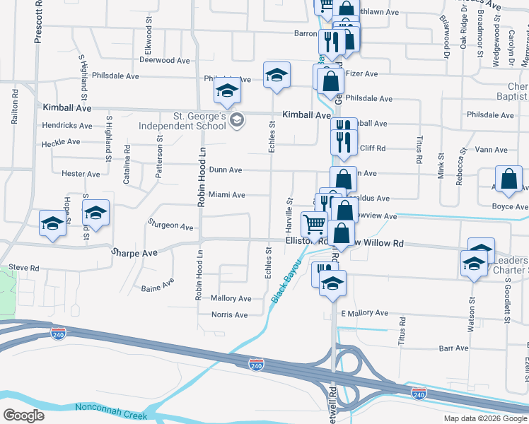 map of restaurants, bars, coffee shops, grocery stores, and more near 1601 Echles Street in Memphis