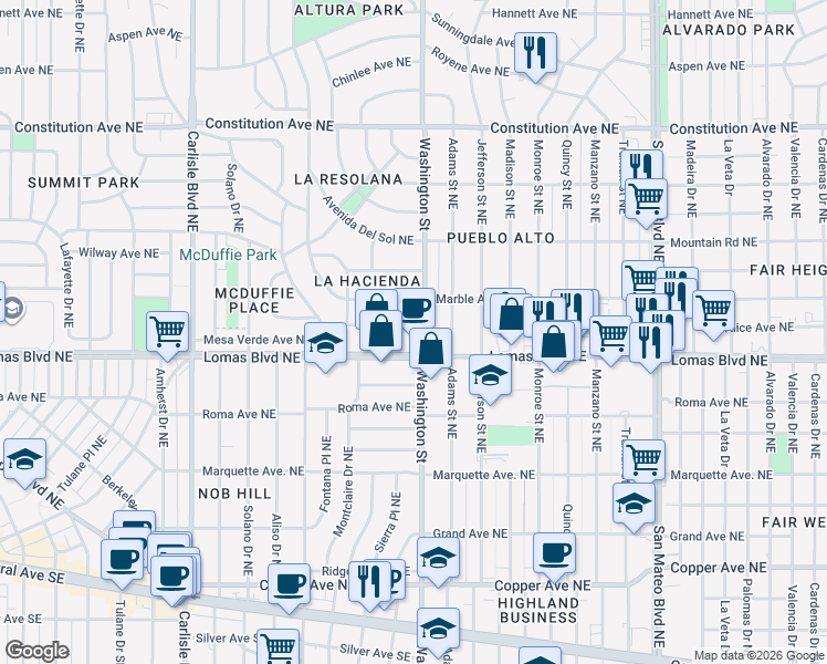 map of restaurants, bars, coffee shops, grocery stores, and more near 4150 Mesa Verde Avenue Northeast in Albuquerque