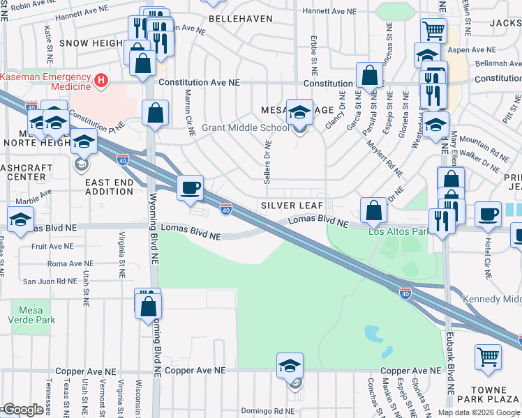 map of restaurants, bars, coffee shops, grocery stores, and more near 23 Sellers Drive Northeast in Albuquerque