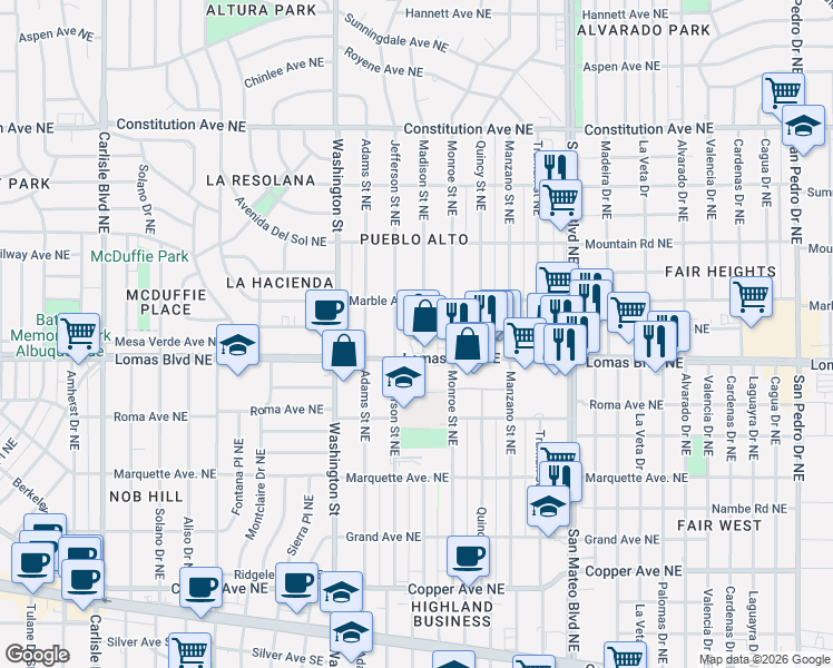 map of restaurants, bars, coffee shops, grocery stores, and more near 606 Madison Street Northeast in Albuquerque