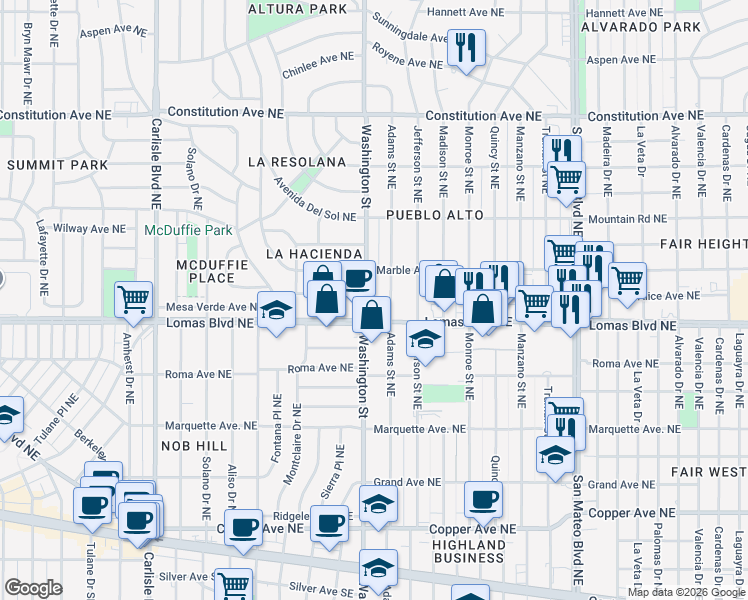 map of restaurants, bars, coffee shops, grocery stores, and more near 611 Adams Street Northeast in Albuquerque
