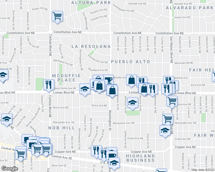 map of restaurants, bars, coffee shops, grocery stores, and more near 4150 Mesa Verde Avenue Northeast in Albuquerque
