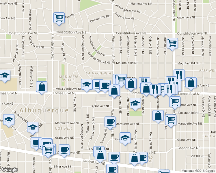 map of restaurants, bars, coffee shops, grocery stores, and more near 4150 Mesa Verde Avenue Northeast in Albuquerque
