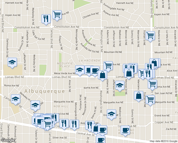 map of restaurants, bars, coffee shops, grocery stores, and more near 4209 Lomas Boulevard Northeast in Albuquerque