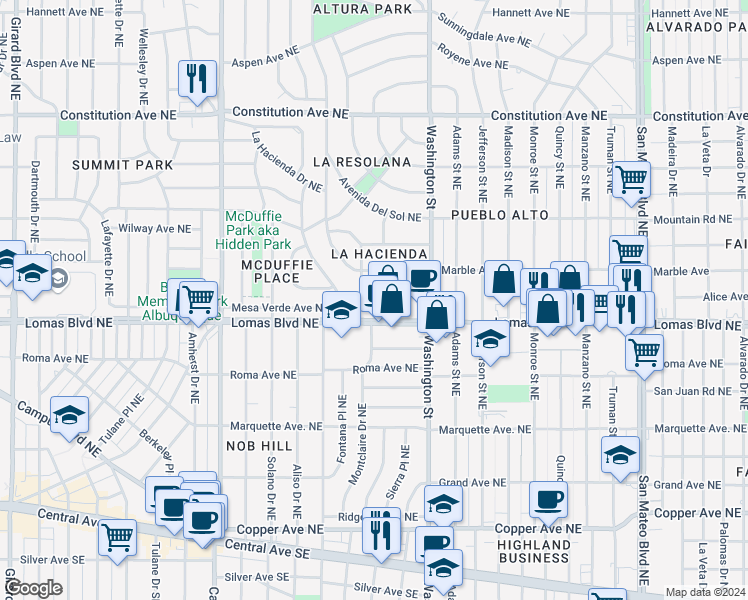 map of restaurants, bars, coffee shops, grocery stores, and more near 4209 Lomas Boulevard Northeast in Albuquerque