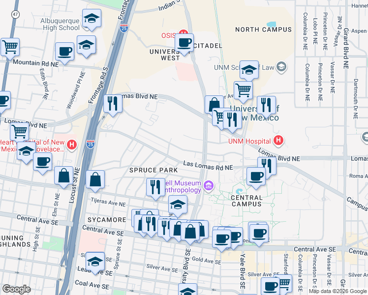 map of restaurants, bars, coffee shops, grocery stores, and more near 1418 Sigma Chi Road Northeast in Albuquerque