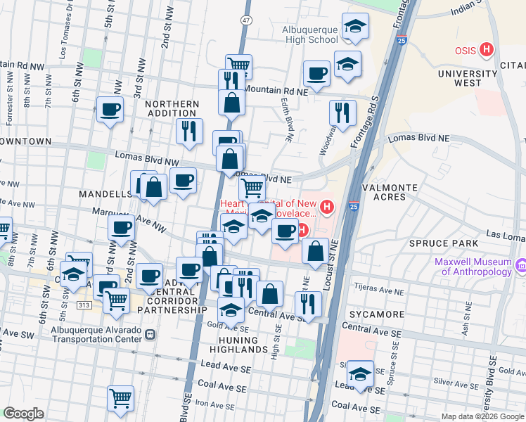 map of restaurants, bars, coffee shops, grocery stores, and more near 600 Edith Boulevard Northeast in Albuquerque
