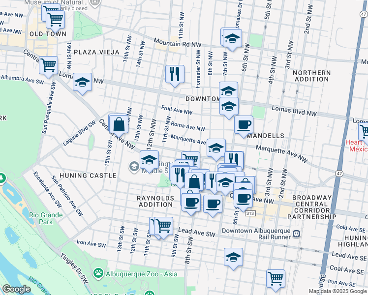 map of restaurants, bars, coffee shops, grocery stores, and more near 909 Tijeras Avenue Northwest in Albuquerque