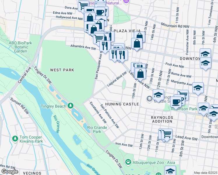 map of restaurants, bars, coffee shops, grocery stores, and more near 1625 Los Alamos Avenue Southwest in Albuquerque