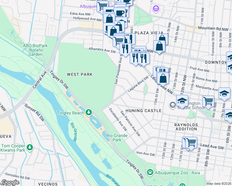 map of restaurants, bars, coffee shops, grocery stores, and more near 411 Laguna Boulevard Southwest in Albuquerque