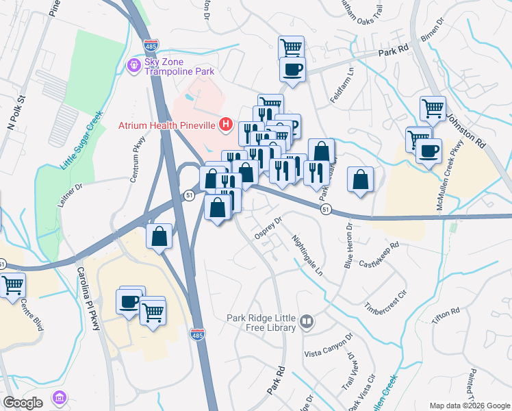 map of restaurants, bars, coffee shops, grocery stores, and more near 8850 Hunter Ridge Drive in Charlotte