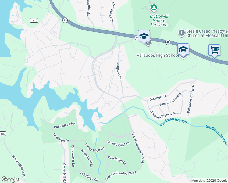 map of restaurants, bars, coffee shops, grocery stores, and more near 17040 Challory Glen Way in Charlotte