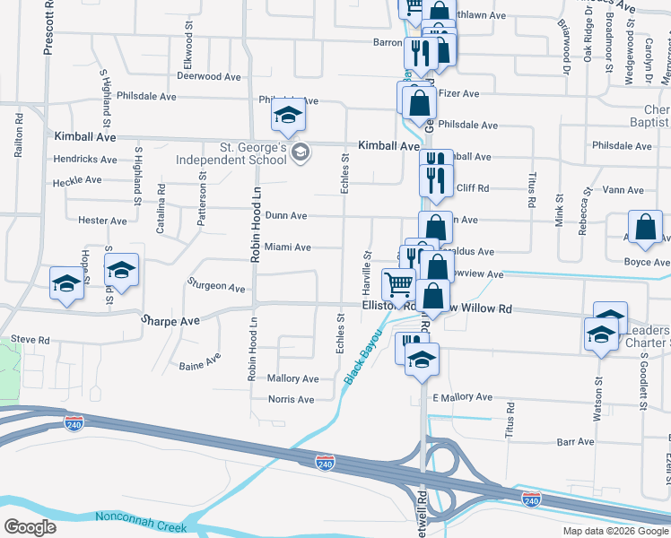 map of restaurants, bars, coffee shops, grocery stores, and more near 1601 Echles Street in Memphis