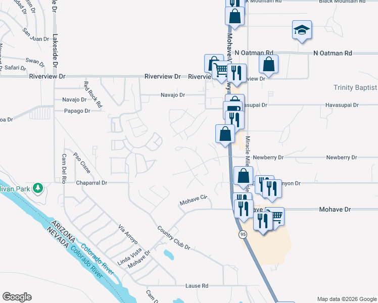 map of restaurants, bars, coffee shops, grocery stores, and more near 2311 Quail Run in Bullhead City