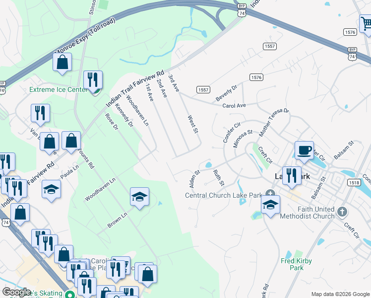 map of restaurants, bars, coffee shops, grocery stores, and more near 5005 West Street in Indian Trail